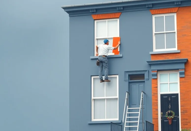 Peintre sur échafaudage traitant la façade d'une maison