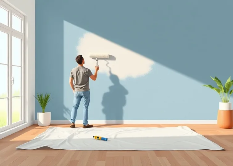 Peintre appliquant la peinture au rouleau sur un mur de salon